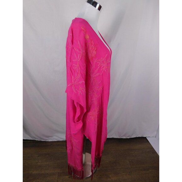 Kimono Cardigan Womens One Size Fuchsia Pink Embroidered Fringe Boho Duster - Picture 10 of 12